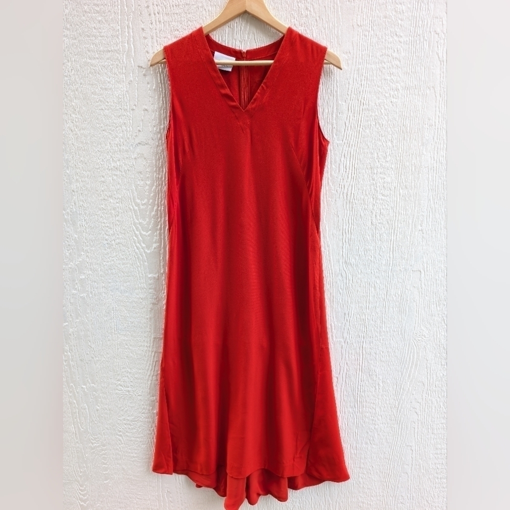 Akris Punto Red V-Neck Front Slit Midi Dress Holiday Party Women's Size 6 - Picture 2 of 10